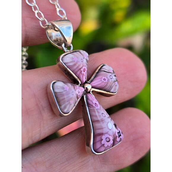 Vintage Alan K Millefiori of Venice Sterling Silver Pink Cross Pendant Necklace - Picture 4 of 10